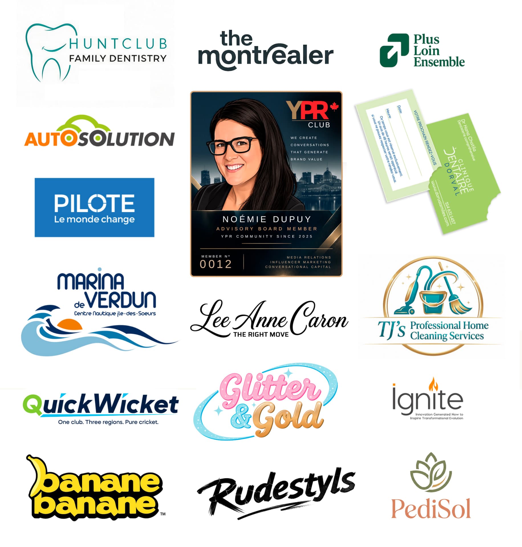 Collection of brand logos and identity work including Glitter & Gold, Quick Wicket, Ignite, AutoSolution, Marina Verdun and others