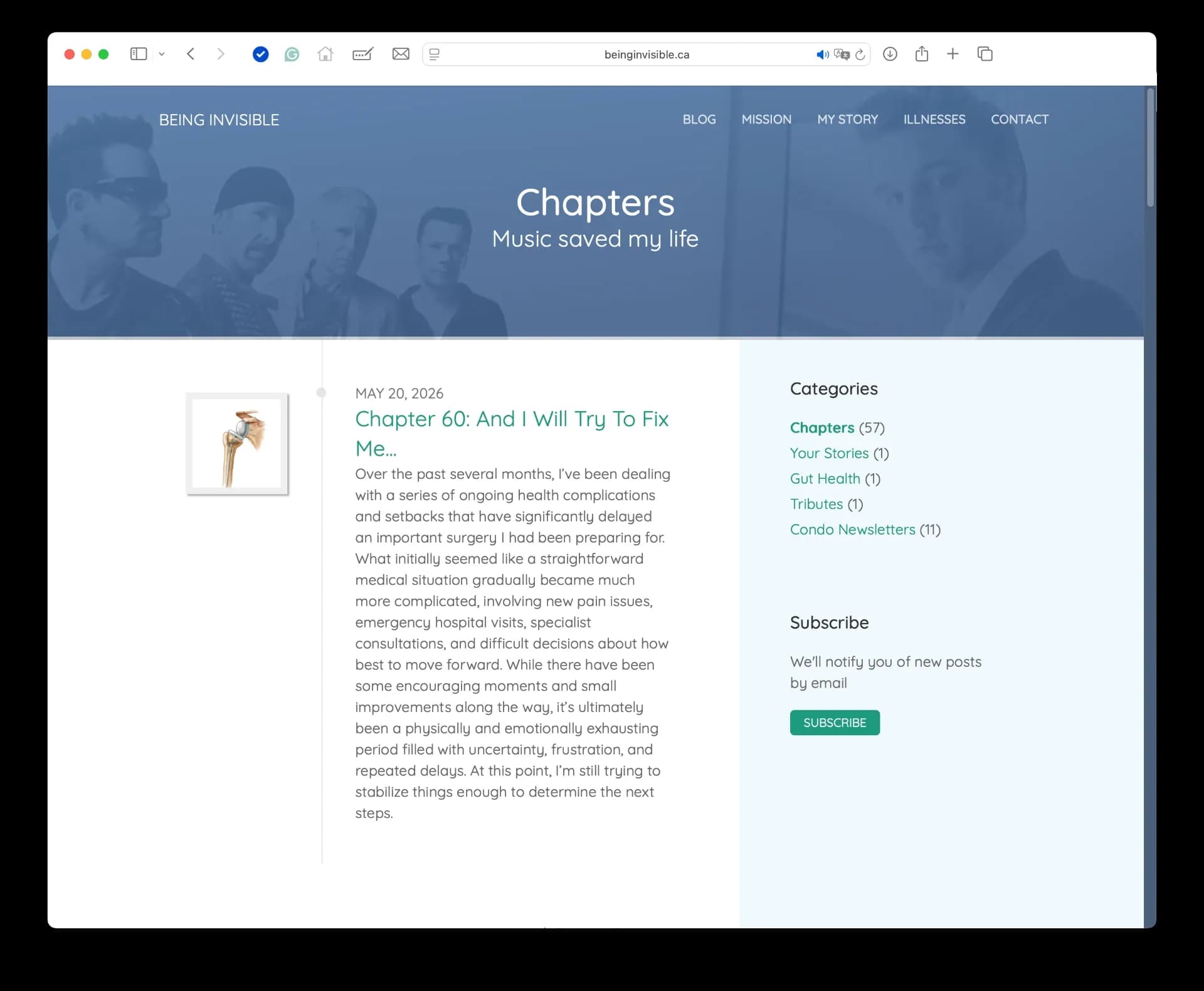 Being Invisible website Chapters page, headed “Music saved my life”