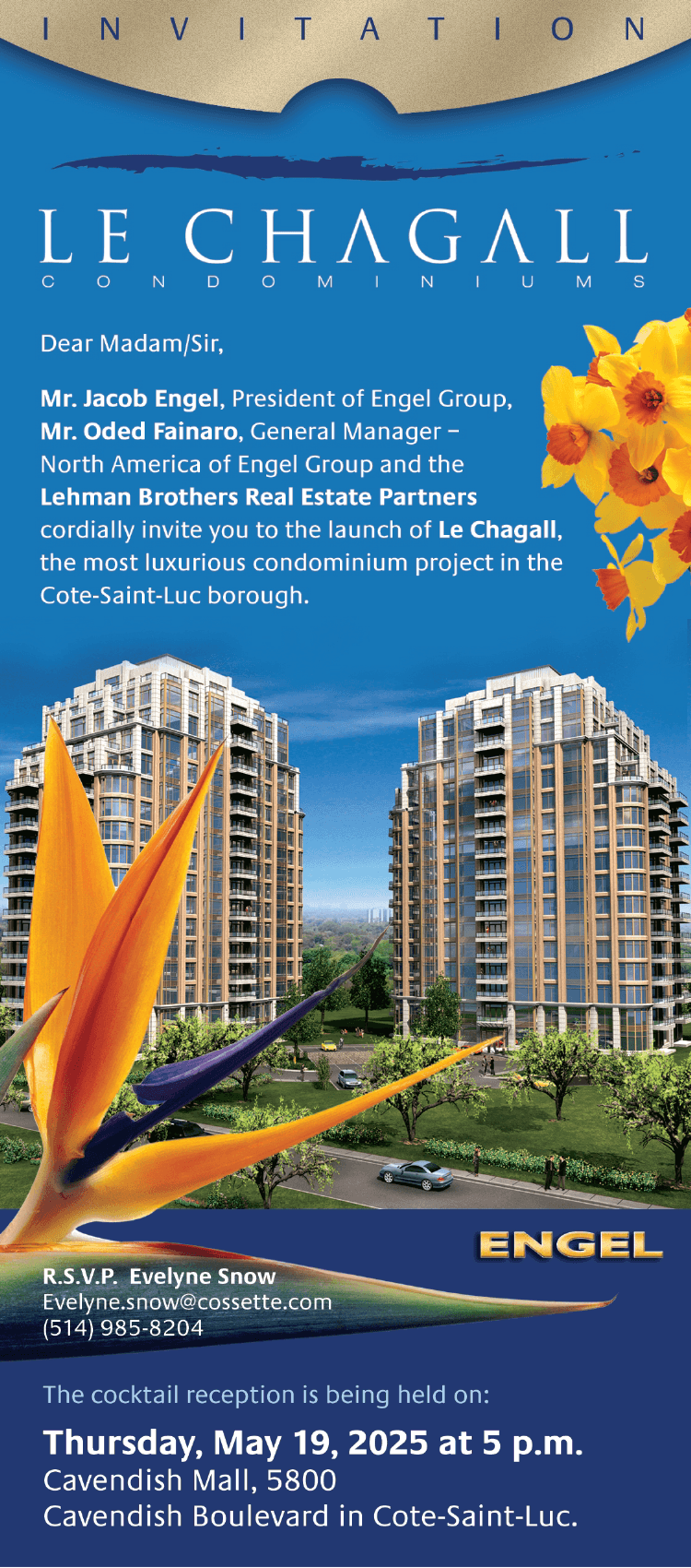 Le Chagall Condominiums invitation design with building photography and floral accents