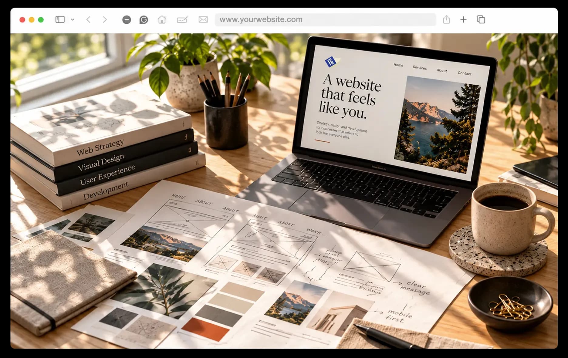 Browser mockup of a custom website shown over a design workspace with books, wireframe sketches and a laptop