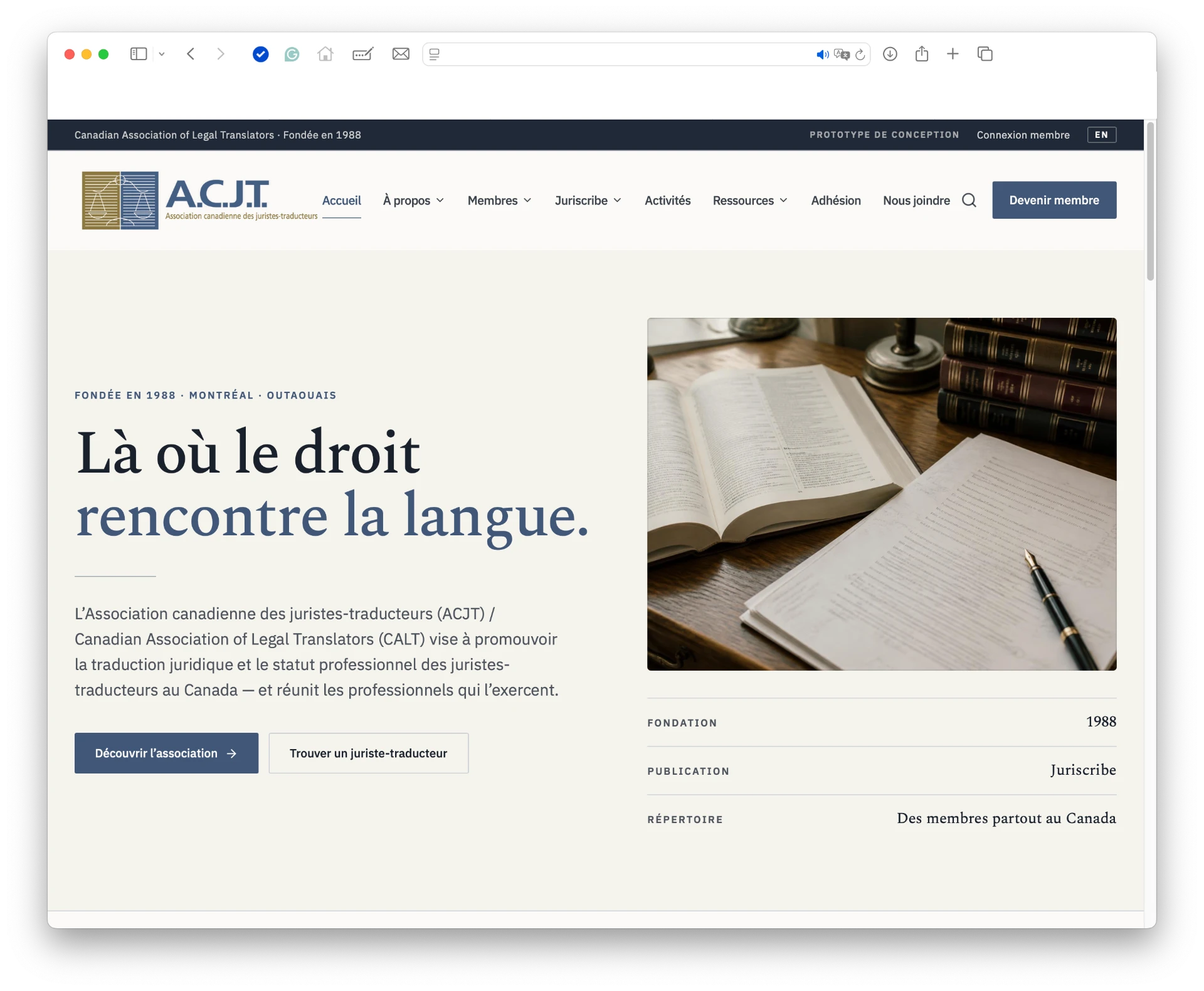 Site de l'Association canadienne des juristes-traducteurs affiché dans un navigateur