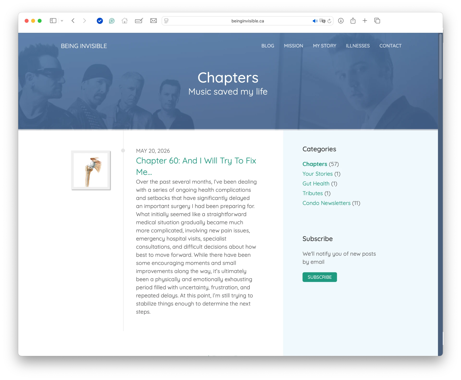 Page « Chapters » du site Being Invisible, sous le titre « Music saved my life »