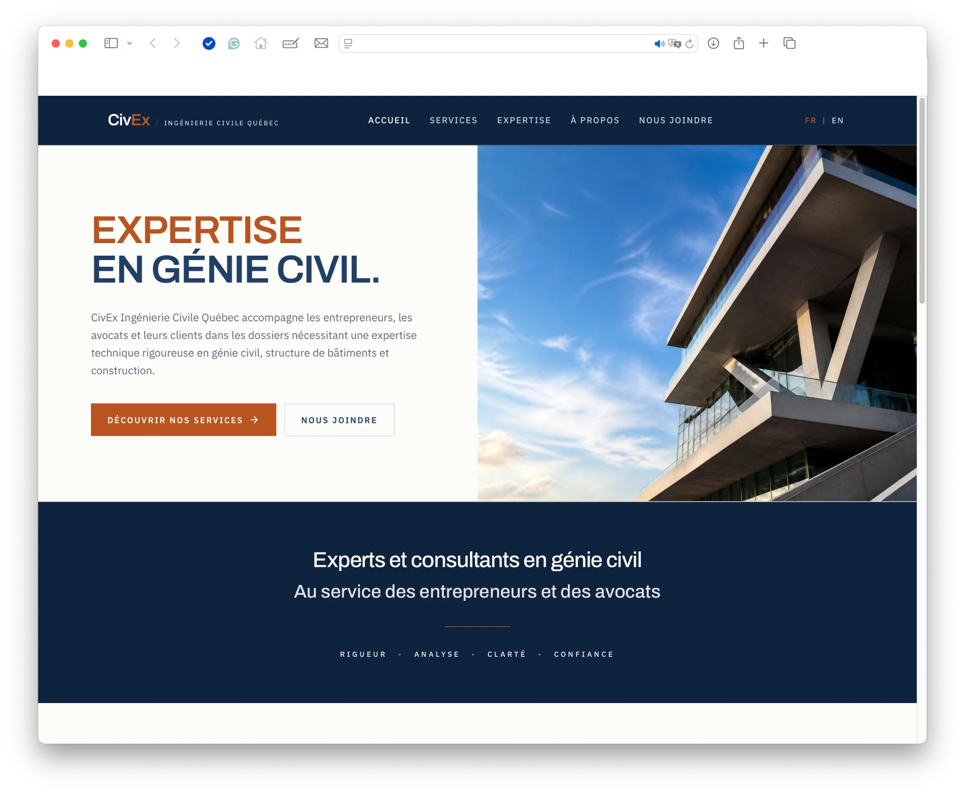 Site de génie civil CivEx Québec affiché dans un navigateur