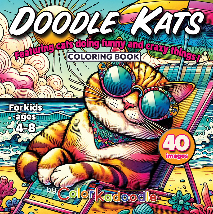 Couverture du livre à colorier Doodle Kats montrant un chat espiègle à lunettes de soleil sur une plage colorée