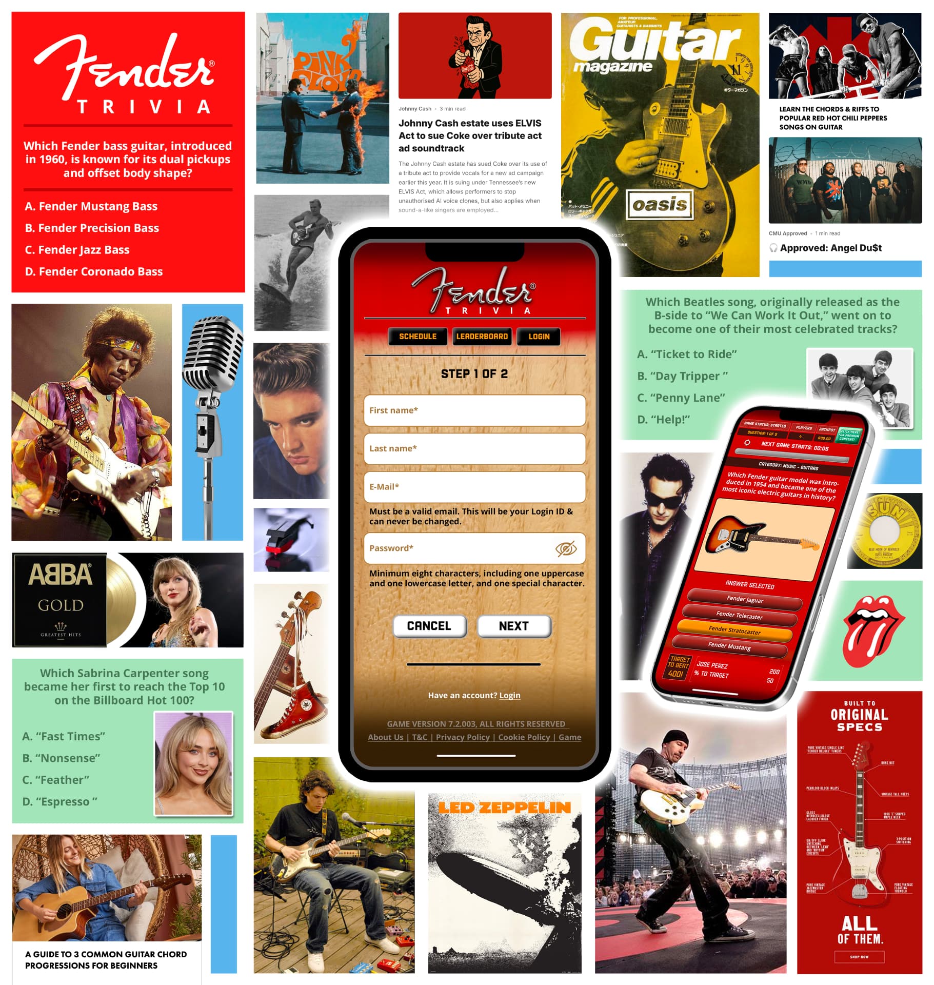 Planche d'ambiance Fender montrant le design d'écrans, les parcours d'interface et le système visuel sur mobile et ordinateur
