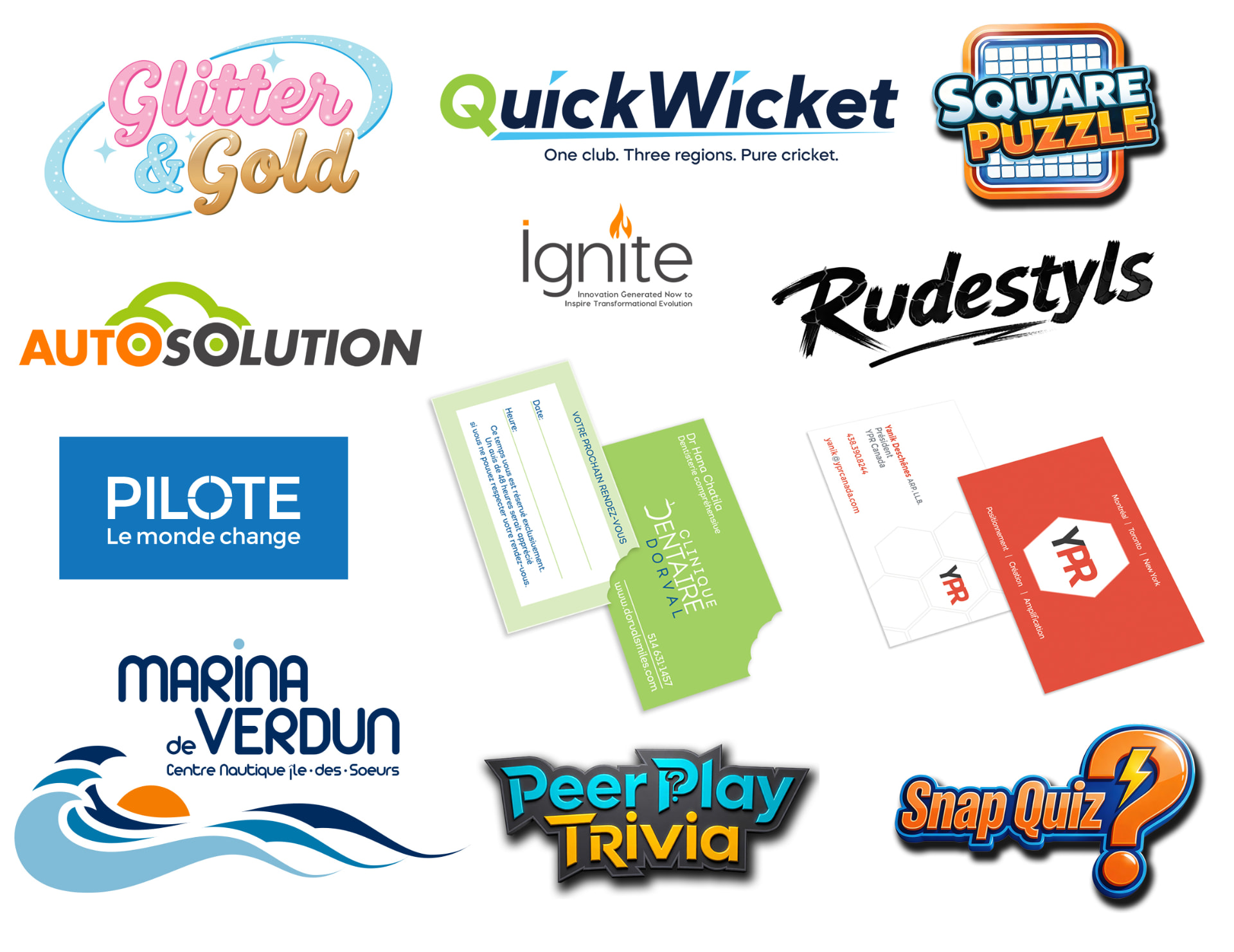 Collection de logos et de travaux d'identité, dont Glitter & Gold, Quick Wicket, Ignite, AutoSolution et Marina Verdun