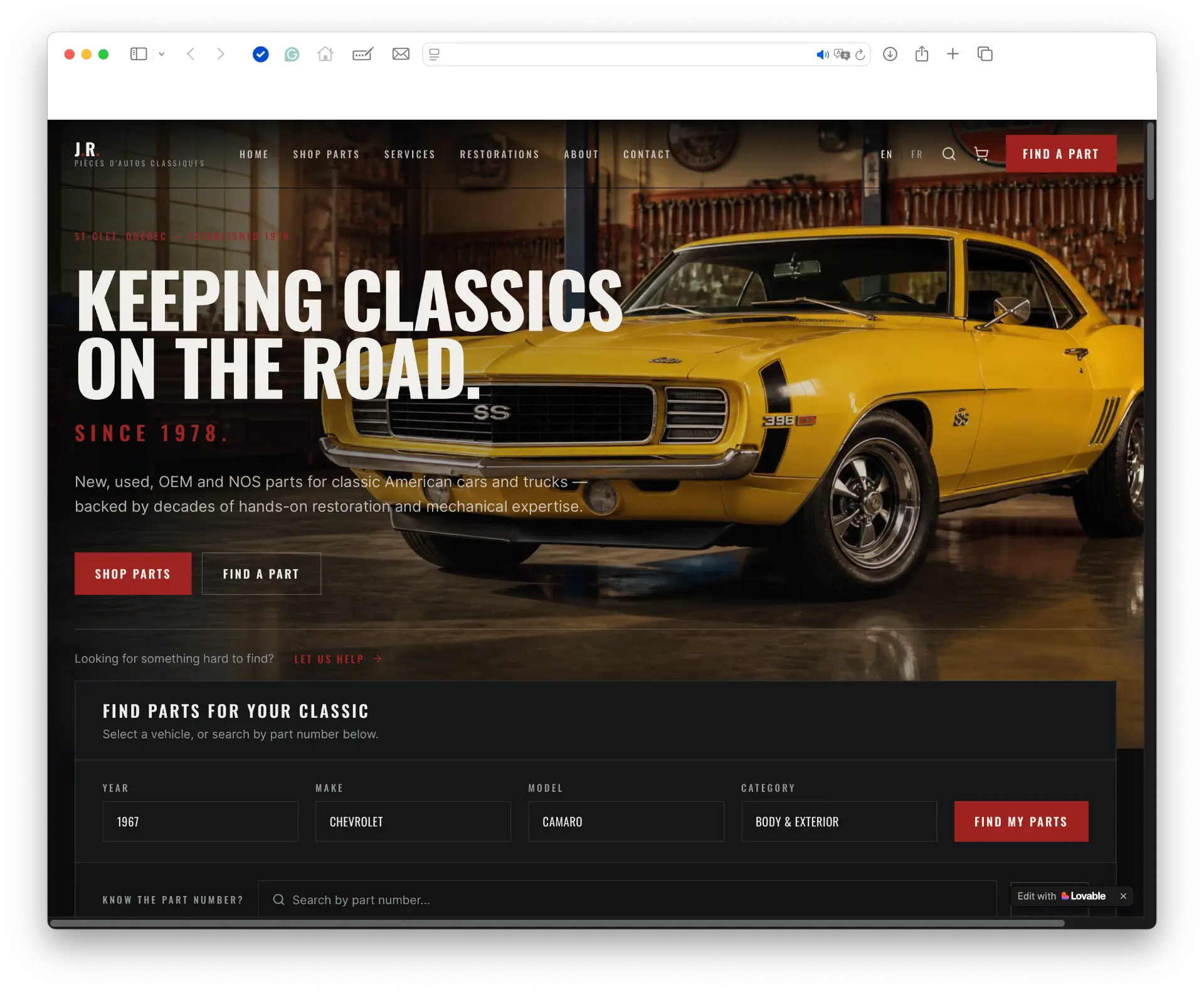 Page d'accueil du site JR Pièces d'Autos Classiques avec une Camaro classique jaune et un outil de recherche de pièces