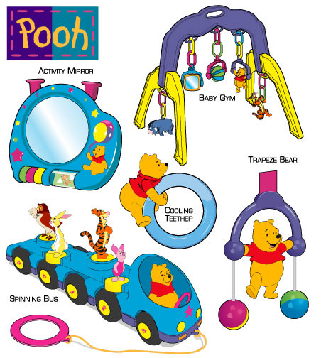 Jouets Winnie l'ourson en marque privée : miroir d'éveil, portique de jeu, autobus tournant, anneau de dentition réfrigérant et ourson trapéziste